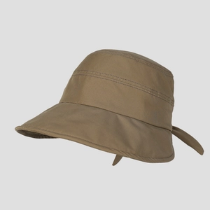 Detail of khaki sun hat featuring parallel stitching and decorative bow tie back