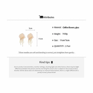 Detail specifications of 11cm beige chiffon flower earrings with crystal tassels