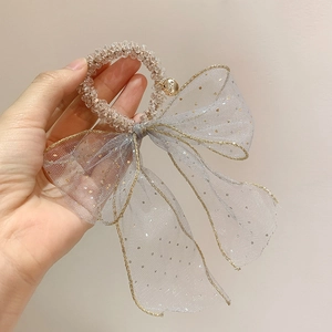 Elegant fairy style gray mesh bow hair tie with sparkling sequins and crystal beads