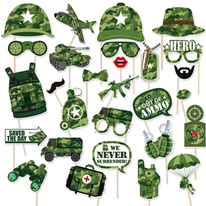 Military Theme Photo Booth Props Camouflage Green Cardstock DIY Handheld Sticks Birthday Party Decorations Hero Slogan