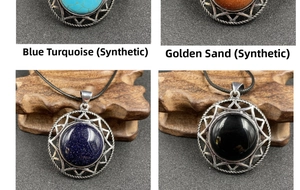 Detailed grid of retro hexagram round crystal pendants with silver metal sunray patterns
