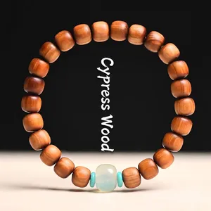 Natural Thuja Wood Beaded Bracelet For Women Handcrafted Polished Wooden Barrel Beads Zen Meditation Bangle Jewelry Gift