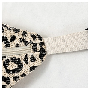 Macro shot of leopard print straw fanny pack texture with durable zipper and strap