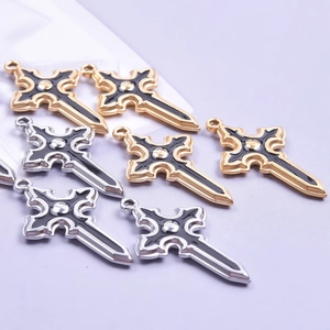 Gothic stainless steel cross sword pendants in gold and silver with black enamel finish