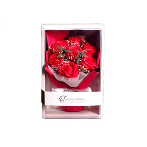 Soap rose bouquet with 7 red artificial flowers in a transparent gift box for Valentine's