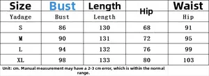 Size chart for women's sleeveless backless evening dress with bust, waist, and hip measurements