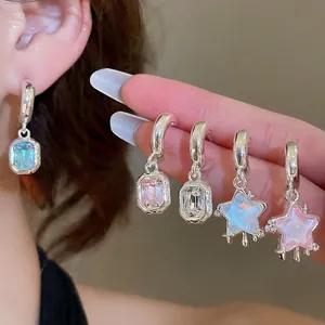 Alloy Huggie Hoop Earrings With 925 Sterling Silver Earring Post Star Resin Pendant Rectangular Zircon Sweet For Women