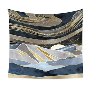 Detailed texture of navy blue and gold abstract mountain tapestry with metallic print