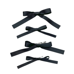 Set of 4 black silk ribbon bow hair clips with silver metal duckbill clips for women