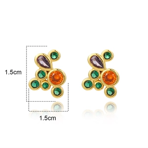 Macro shot of colorful zircon stud earrings showing 1.5cm dimensions on white background