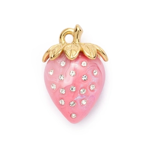 Close-up of pink strawberry pendant with marble texture and sparkling crystal accents