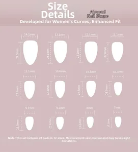 Detailed size chart for 24pcs pink almond press-on nails with 12 specific dimensions
