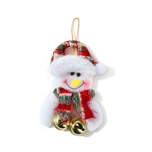 Plush Christmas snowman ornament with red green plaid hat and gold bells decoration