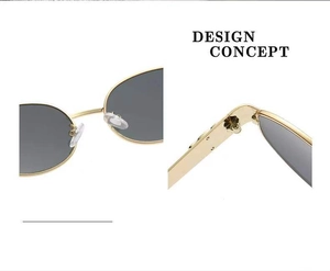 Detailed close-up showing gold metal nose pads and hinge structure of oval sunglasses