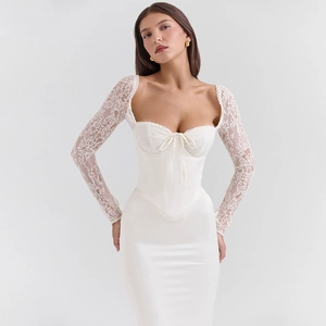 Elegant white bodycon dress with lace long sleeves and corset-style top on grey background