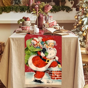 Christmas Table Runner Polyester Fabric Santa Claus Chimney Pattern Holiday Dining Room Party Table Decoration Red Vintage Style
