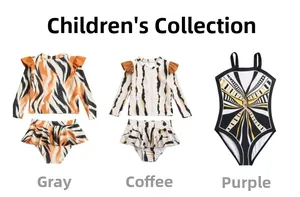 Détail de maillots de bain enfants avec imprimés tigre et motifs géométriques