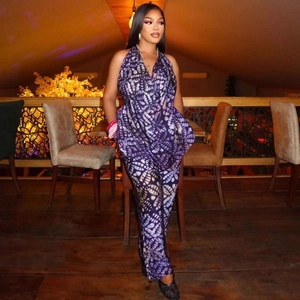 Haut Sans Manches Dos Nu Et Pantalon Droit Pour Femmes Outfits En Polyester Imprimé Abstrait Violet Mode Resort Wear
