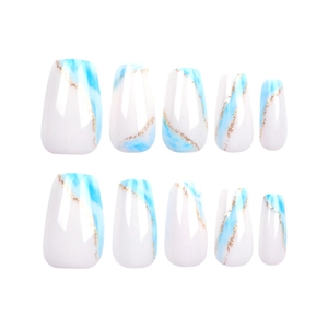 Short coffin press-on nails in white with blue marble texture and gold glitter accents