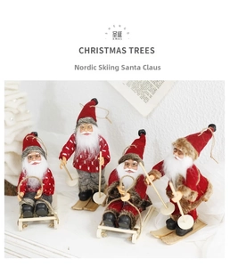 Set of 4 Christmas Santa figurines with wooden sleds and skis in Nordic style decor