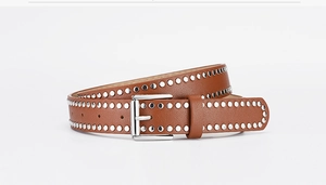 Close-up of brown PU leather belt featuring double rows of silver metal rivets and buckle