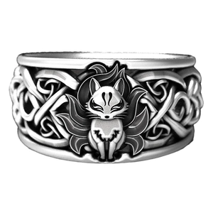 Vintage Thai silver style wide ring with kitsune relief and Celtic knot patterns