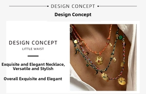 Close-up of bohemian woven necklace with 18K gold star and moon charms for women