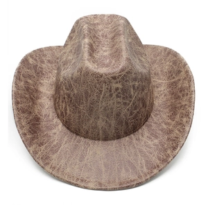 Detailed top view of dark brown western cowboy hat with cracked vintage leather texture