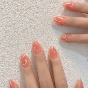 Press On Nails Pink Gradient Blush Effect White Hand Painted Heart Lines Glossy ABS Coffin Fake Nails