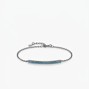925 Sterling Silver Bracelet Synthetic Turquoise Blue Beads Black Plated Curved Bar Retro Punk Minimalist Jewelry Women