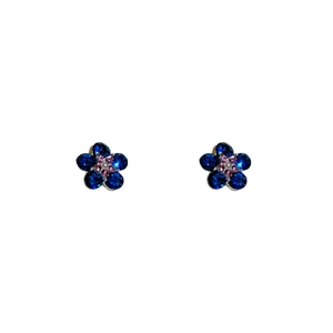 Elegant navy blue flower stud earrings with sparkling crystals and silver needles