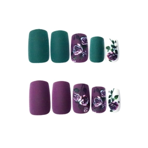 24pcs matte purple and dark green press-on nails with vintage rose flower pattern