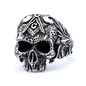 Vintage silver stainless steel skull ring with Freemason G logo on forehead for men