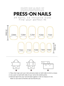 Detailed size guide for 24pcs blue floral press-on nails with 12 sizes and measuring steps