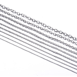Polished stainless steel cable chains in eight widths for DIY jewelry necklaces