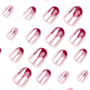 French style cherry red press-on nails with glossy heart drip design and wine red tips