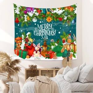 Detailed view of Merry Christmas wall tapestry with festive animals and forest background