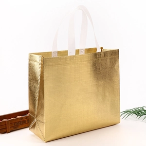 Golden laser non-woven shopping bag with metallic texture and white woven handles