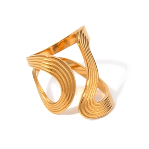 Vintage 18k gold plated stainless steel wave textured open ring with layered design