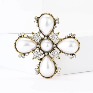 Vintage gold baroque cross brooch with elegant pearls and sparkling rhinestones for women