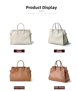 Detailed views of vintage leather tote bag in beige and brown with lychee grain texture
