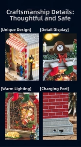 Detailed close-up showing the warm LED lighting and DC power charging port of Christmas snow globe