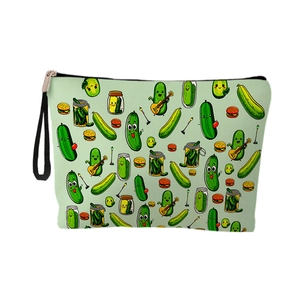 Portable cucumber music print makeup bag with zipper closure and black handle strap