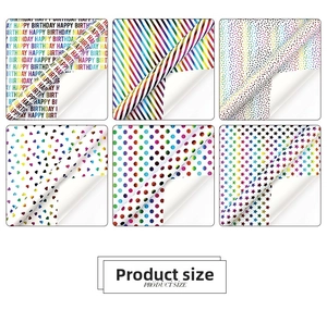 Detailed grid of rainbow gift wrap set featuring happy birthday patterns and shiny polka dots