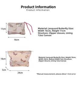 Detailed size comparison of jacquard butterfly zipper bags with dimensions and materials