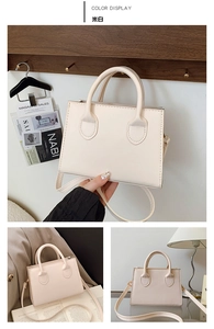 Detailed views of a minimalist cream white faux leather handbag with handles and strap