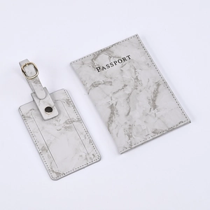 Grey marble pattern PU leather travel set with passport cover and luggage tag