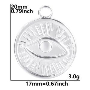 Detailed view of silver evil eye pendant with 20mm height and 17mm width dimensions