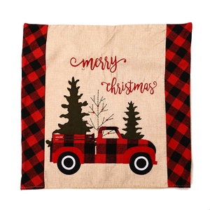 Linen Christmas pillow case with red truck, pine tree and merry christmas art lettering