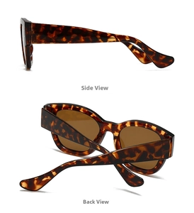 Detailed side and back view of retro marble pattern oval sunglasses with brown lenses